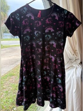 Girls' Black Unicorn Print Short Sleeve Dress - Believe in Magic